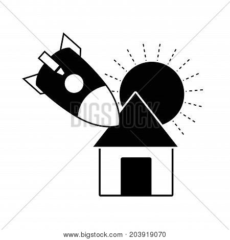 contour sun and rocket crashed with the roof house vector illustration