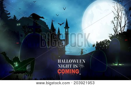 Halloween Night Background With Pumpkin, Haunted House And Full Moon. Flyer Or Invitation Template F