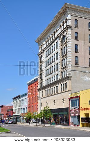 WATERTOWN, NY, USA - AUG. 16, 2012: Historic Buildings in Public Square in downtown Watertown, Upstate New York, USA.
