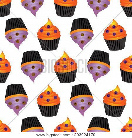 Abstract seamless halloween pattern for girls or boys. Creative vector background with cupcake, skull, bat, halloween. Halloweeen cupcake pattern.