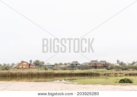 SWAKOPMUND NAMIBIA - JUNE 30 2017: The Stiltz a bed and breakfast facility on stilts at the mouth Swakop River in Swakopmund in the Namib Desert