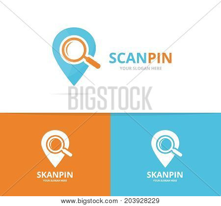 Vector of map pointer and loupe logo combination. GPS locator and magnifying symbol or icon. Unique pin and search logotype design template.