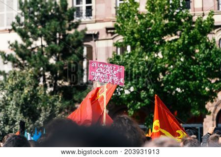 Palcard Banner At Protest In Strasbourg France