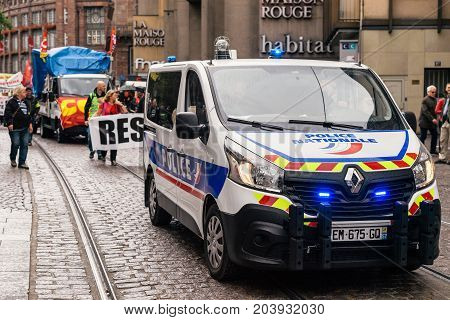 Resistance Banner At French Protest Political March During A French Nationwide Day Against Macrow La