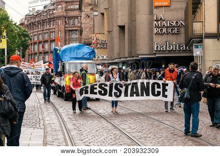 Resistance Banner At French Protest Political March During A French Nationwide Day Against Macrow La