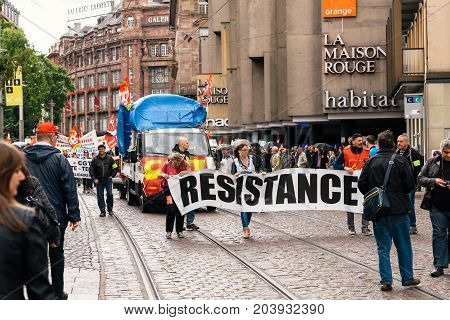 Resistance Banner At French Protest Political March During A French Nationwide Day Against Macrow La