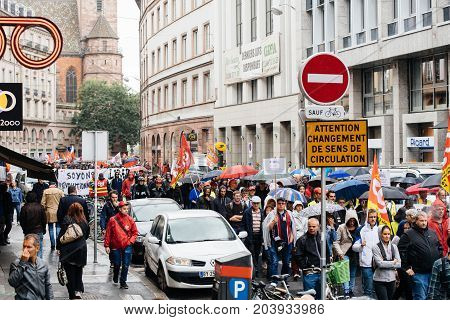 Rainy Day Over Political March During A French Nationwide Day Against Macrow Labor Law