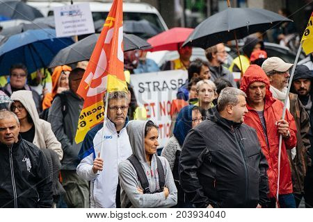Rainy Day Over Political March During A French Nationwide Day Against Macrow Labor Law