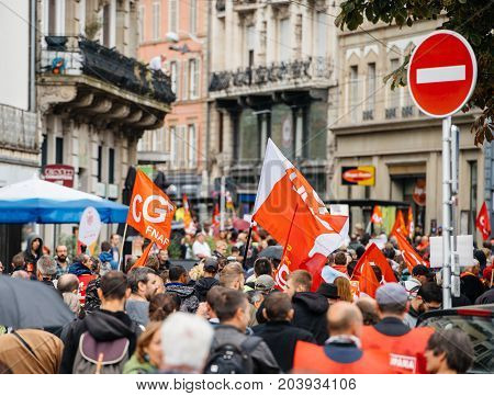Full Streets With Protestors Political March During A French Nationwide Day Against Macrow Labor Law