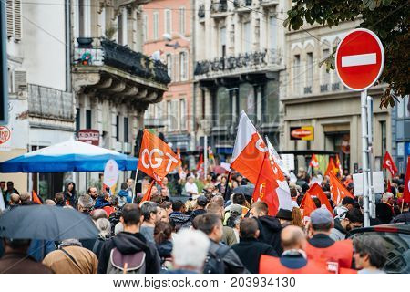 Full Streets With Protestors Political March During A French Nationwide Day Against Macrow Labor Law