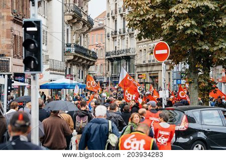 Full Streets With Protestors Political March During A French Nationwide Day Against Macrow Labor Law