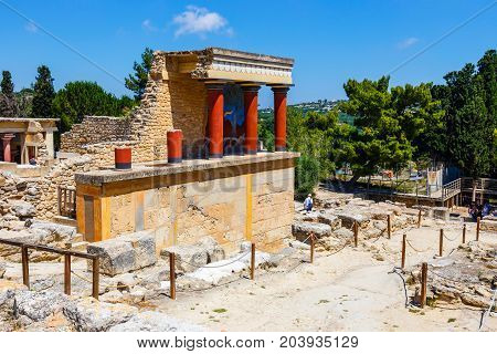 Knossos, Crete, June 10, 2017: Scenic Ruins Of The Minoan Palace Of Knossos. Knossos Palace Is The L