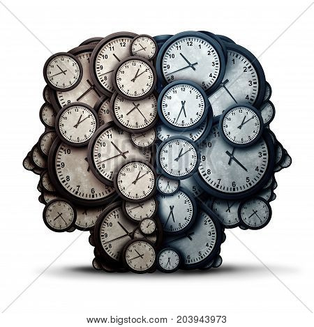 Thinking time meeting concept as a group of clock objects shaped as two human heads as a business punctuality and appointment cooperation metaphor or deadline pressure team and overtime collaboration icon as a 3D illustration.