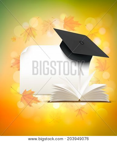 Graduation cap on autumn background with a book. Back to school concept. Vector.