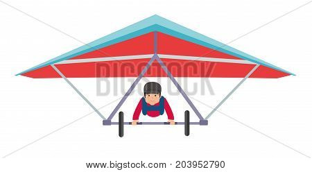 Young Man on a hang glider. Extreme sports. Illustration on white background. Flat design vector illustration.