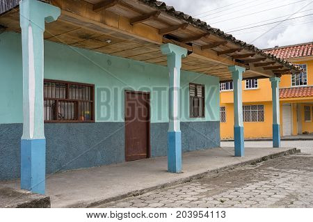 March 12 2017 Vilcabamba Ecuador: traditional colonial architecture is well represented in the popular tourist destination indigenous town in the Andes