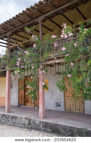 March 12 2017 Vilcabamba Ecuador: traditional colonial architecture is well represented in the popular tourist destination indigenous town in the Andes