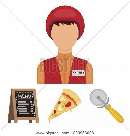 A pizza cutter, a slice, a menu in a pizzeria, a courier. Pizza and pizzeria set collection icons in cartoon style vector symbol stock illustration web.