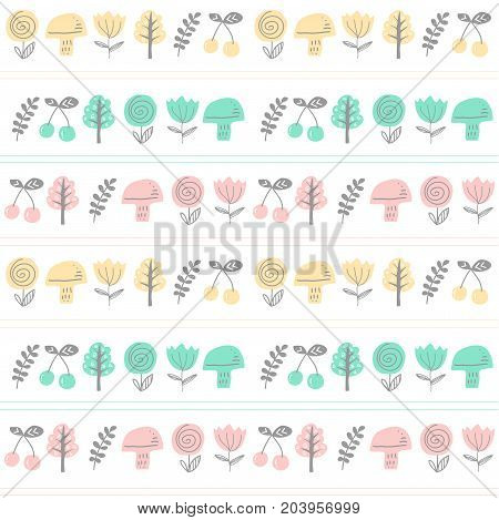 Seamless pattern with trees and flowers in pastel nude colors. Forest background. Childish kids print texture for fabric textile.Vector Illustration.