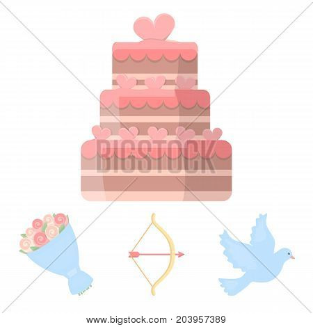 Arrow cupid, dove, bouquet of flowers, wedding cake. Wedding set collection icons in cartoon style vector symbol stock illustration .
