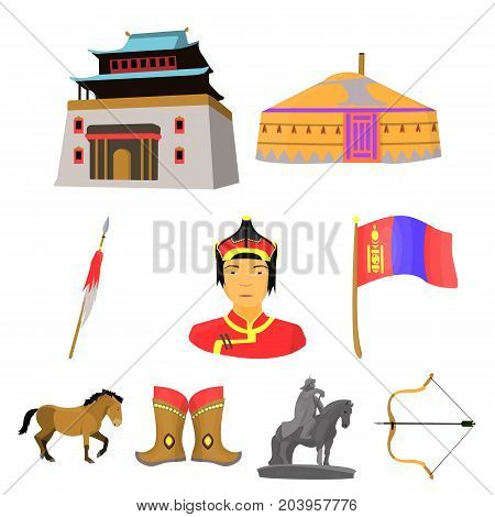 Mongolian national characteristics. Icons set about Mongolia.Clothing, soldiers, equipment. Mongolia icon in set collection on cartoon style vector symbol stock web illustration.