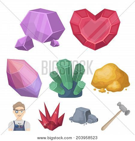 A set of jewelry, crystals, minerals and expensive metals. The jeweler inspects the ornaments.Precious minerals amd jeweler icon in set collection on cartoon style vector symbol stock web illustration.