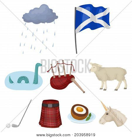 National symbols of Scotland. Scottish attractions. Scotland country icon in set collection on cartoon style vector symbol stock web illustration.