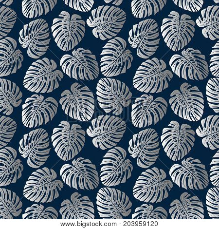 Exotic silver pattern with monstera leaves. Seamless tropical background. Vector illustration.