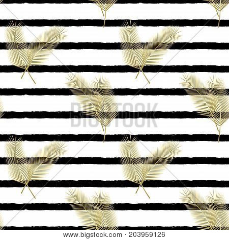 Beautiful golden palm leaves on a white background. Tropical plants seamless pattern for your design. Vector illustration.