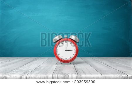 3d rendering of a red vintage alarm clock with metal bells stands on a wooden desk in front of blue background. Retro interior. Keeping with schedule. Back to school.