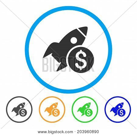 Business Startup Rocket icon. Vector illustration style is a flat iconic business startup rocket gray rounded symbol inside light blue circle with black, green, blue, yellow color variants.