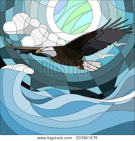 Illustration in stained glass style with fabulous eagle and moon on background night star sky and clouds