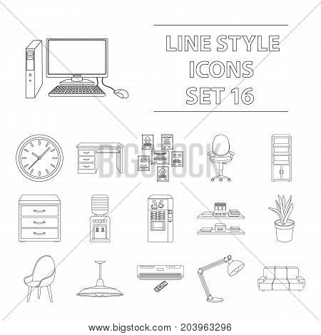 Office furniture and interior set icons in outline design. Big collection of office furniture and interior vector symbol stock illustration