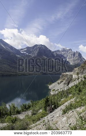 Saint Mary Lake with Going to the Sun Road on the right in Glacier National Park Montana