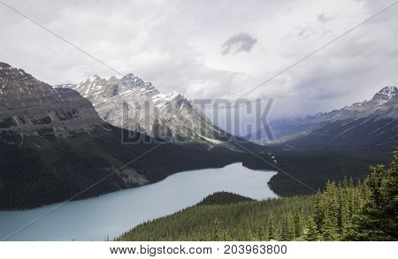 Peyto Lake under heavy clouds in Banff National Park Alberta, Canada