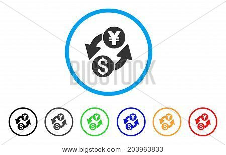 Dollar Yen Exchange icon. Vector illustration style is a flat iconic dollar yen exchange grey rounded symbol inside light blue circle with black, gray, green, blue, red, orange color versions.