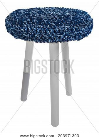 Handmade Stool In White And Gray. Round Seat With Blue And White String Material.