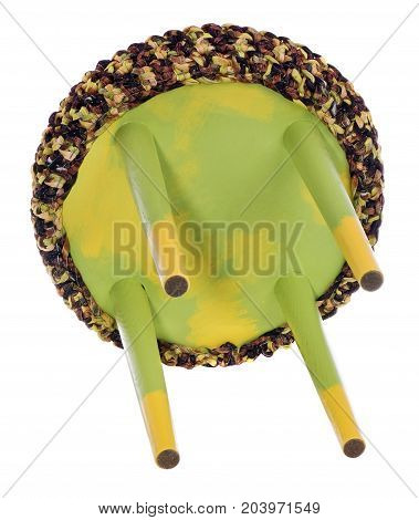 Handmade Stool Yellow And Green. Round Seat With Brownish Yellow Green String Material.