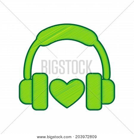 Headphones with heart. Vector. Lemon scribble icon on white background. Isolated