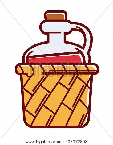 Delicious Italian rural red wine in glass decanter with cork and handle put inside wicker basket isolated cartoon flat vector illustration on white background. Homemade natural alcohol drink.