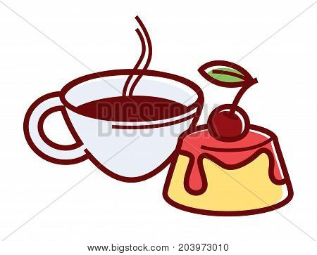 Tender panna cotta with cherry on top and hot coffee cup with steam isolated cartoon flat vector illustration on white background. Delicious sweet Italian dessert and aromatic energetic beverage.