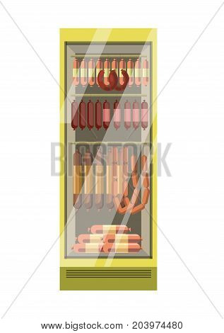 Fridge with polished glass door full of fresh sausages isolated cartoon flat vector illustration on white background. Meat semifinished products in supermarket counter with green shiny corpus.