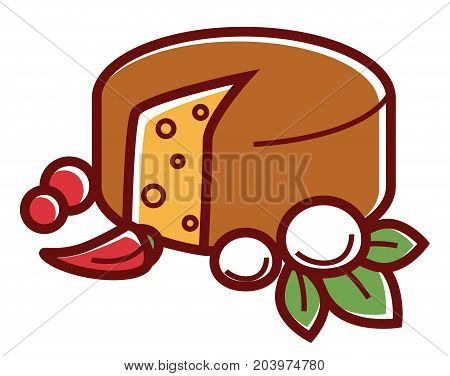 Mozzarella wheel with spicy condiments and green herbs isolated cartoon flat vector illustration on white background. Young delicious exquisite cheese of Italian origin, made from black buffalo milk.