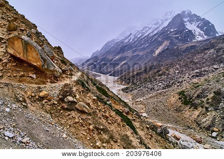 Valley and Mountains View in Himalaya. Gaumukh glacier Gangotri Uttarakhand India.