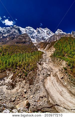 Valley and Mountains View in Himalaya. Gangotri glacier Gaumukh India.