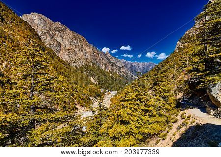 Valley and Mountains View in Himalaya. Gangotri glacier Gaumukh India.