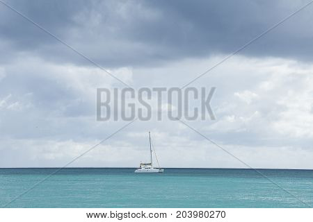 Caribbean sea with turquoise water and palms close to Saona island