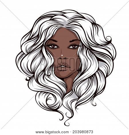 vector illustration of a beautiful face of a swarthy tanned girl with long blond hair