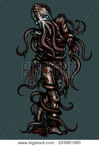 Illustration zombie man with octopus on his head and tentacles entangled on his body