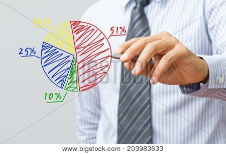 businessman present market share in pie chart diagram